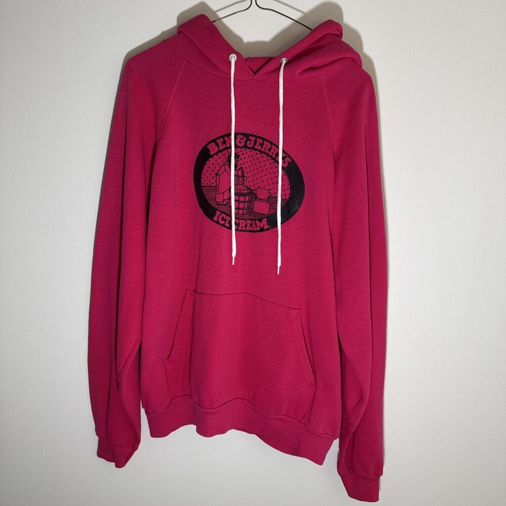 80s Hanes Vintage Ben & Jerry's Hoodie Adult XL Pink Raglan Sleeve Sweatshirt
